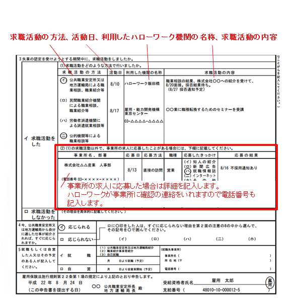 失業認定申告書求職活動記入例