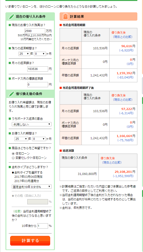 ソニー銀行の入力と結果画面