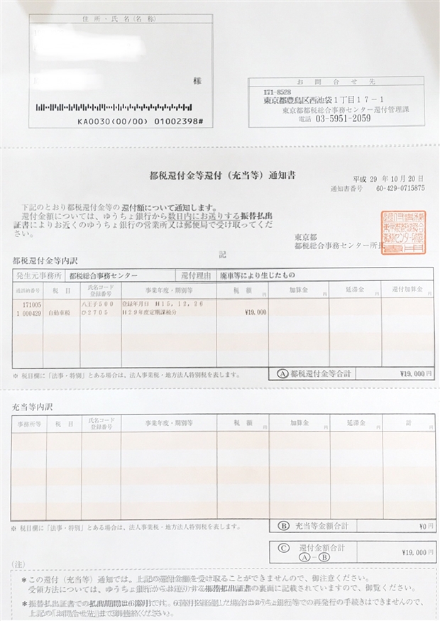 都税還付金通知書